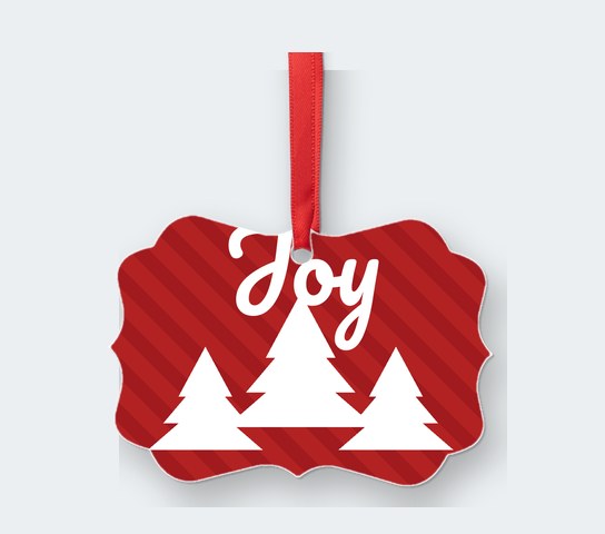 Aluminum ornament printed Joy with a red ribbon