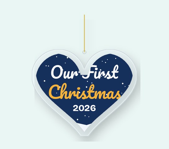 Glass heart ornament printed Our First Christmas 2026