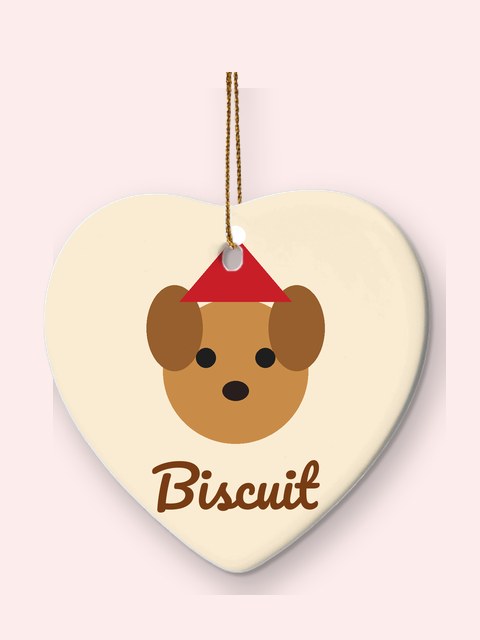 Ceramic heart ornament with a puppy named Biscuit